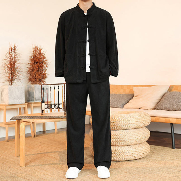 Conjunto de 2 piezas de camisa y pantalón de pana de algodón con botones de rana para hombre, de Buddha Stones, con bolsillos - image 22