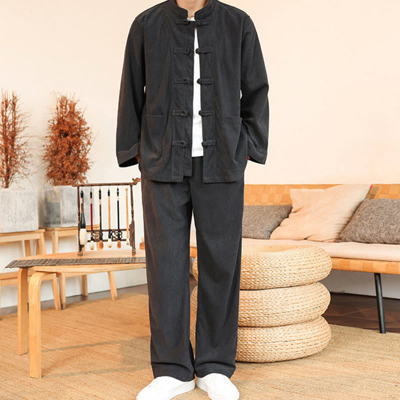 Conjunto de 2 piezas de camisa y pantalón de pana de algodón con botones de rana para hombre, de Buddha Stones, con bolsillos - image 10