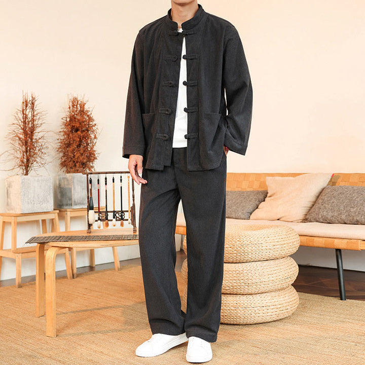 Conjunto de 2 piezas de camisa y pantalón de pana de algodón con botones de rana para hombre, de Buddha Stones, con bolsillos - image 11