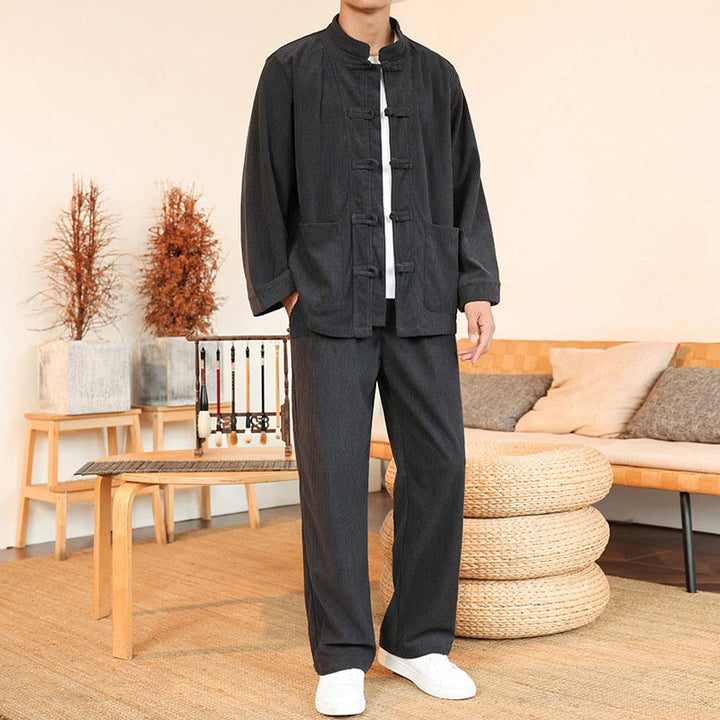 Conjunto de 2 piezas de camisa y pantalón de pana de algodón con botones de rana para hombre, de Buddha Stones, con bolsillos - Gris pizarra - US/UK/AU46, EU56 (5XL) - image 9