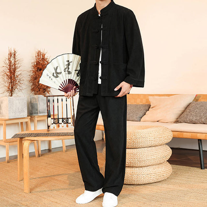 Conjunto de 2 piezas de camisa y pantalón de pana de algodón con botones de rana para hombre, de Buddha Stones, con bolsillos - image 26