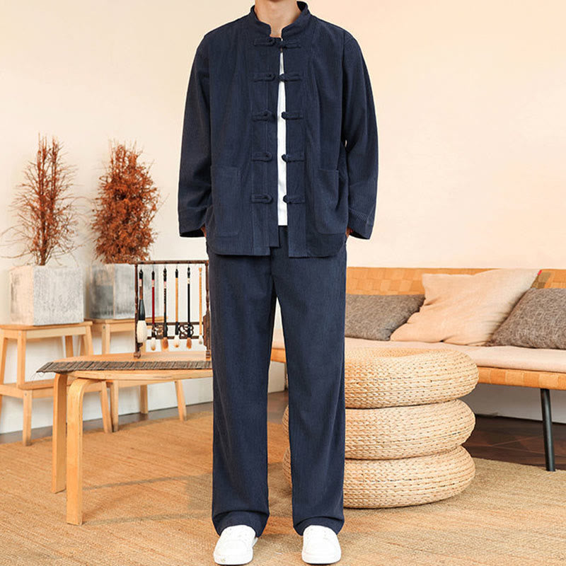 Conjunto de 2 piezas de camisa y pantalón de pana de algodón con botones de rana para hombre, de Buddha Stones, con bolsillos - image 30