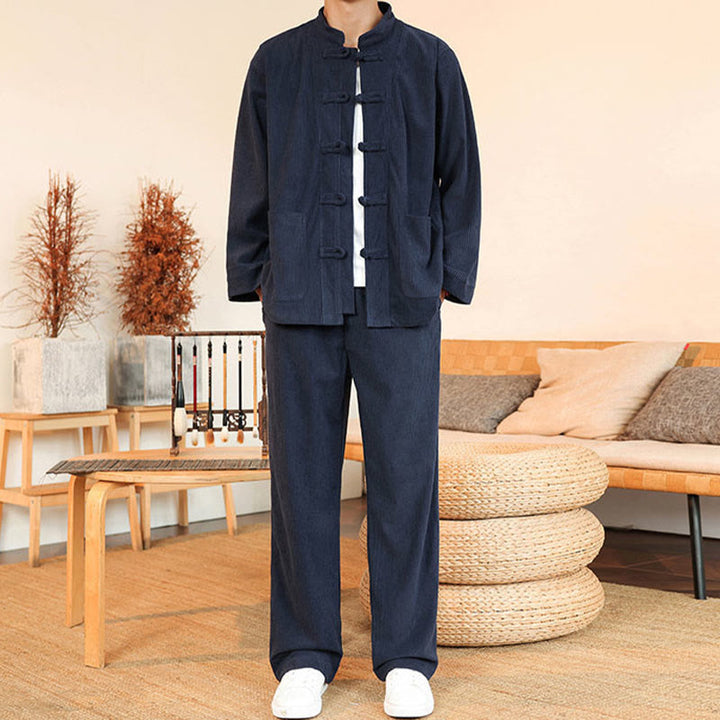 Conjunto de 2 piezas de camisa y pantalón de pana de algodón con botones de rana para hombre, de Buddha Stones, con bolsillos - image 30