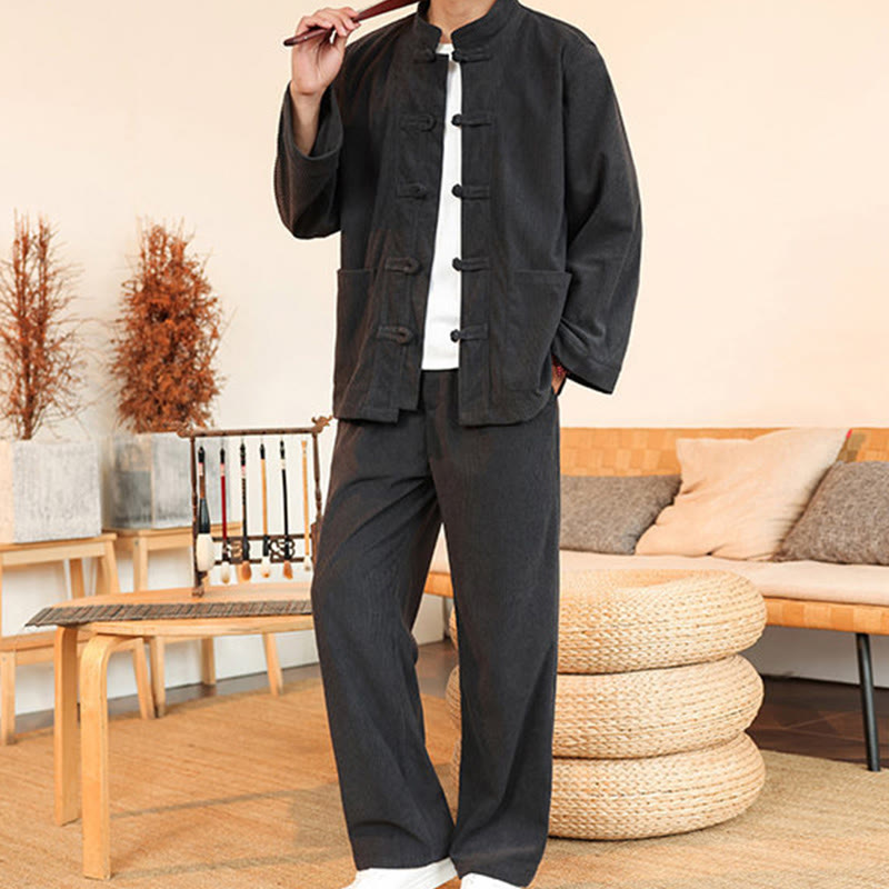 Conjunto de 2 piezas de camisa y pantalón de pana de algodón con botones de rana para hombre, de Buddha Stones, con bolsillos - image 14