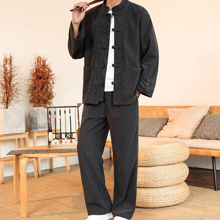 Conjunto de 2 piezas de camisa y pantalón de pana de algodón con botones de rana para hombre, de Buddha Stones, con bolsillos - image 14