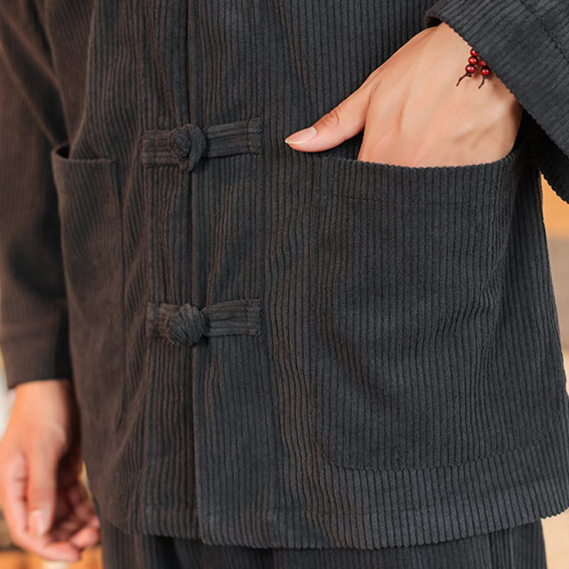 Conjunto de 2 piezas de camisa y pantalón de pana de algodón con botones de rana para hombre, de Buddha Stones, con bolsillos - image 18