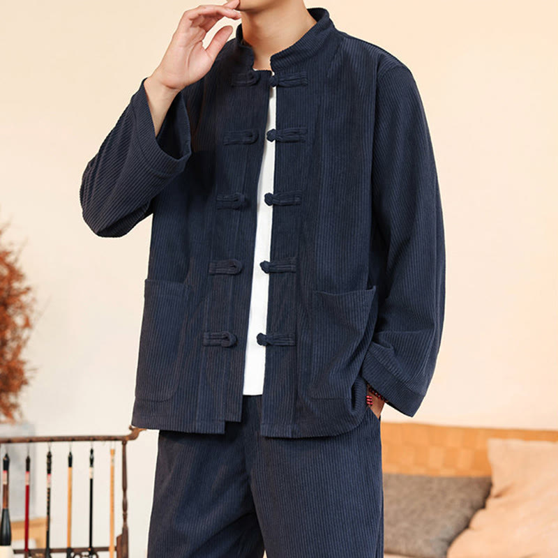 Conjunto de 2 piezas de camisa y pantalón de pana de algodón con botones de rana para hombre, de Buddha Stones, con bolsillos - image 35