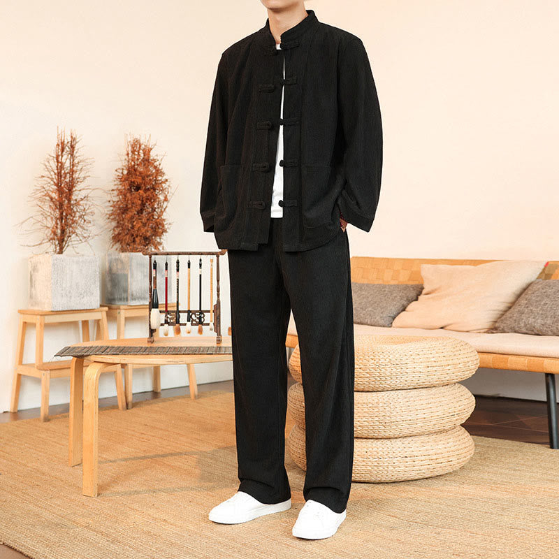 Conjunto de 2 piezas de camisa y pantalón de pana de algodón con botones de rana para hombre, de Buddha Stones, con bolsillos - Negro - US/UK/AU46, EU56 (5XL) - image 21