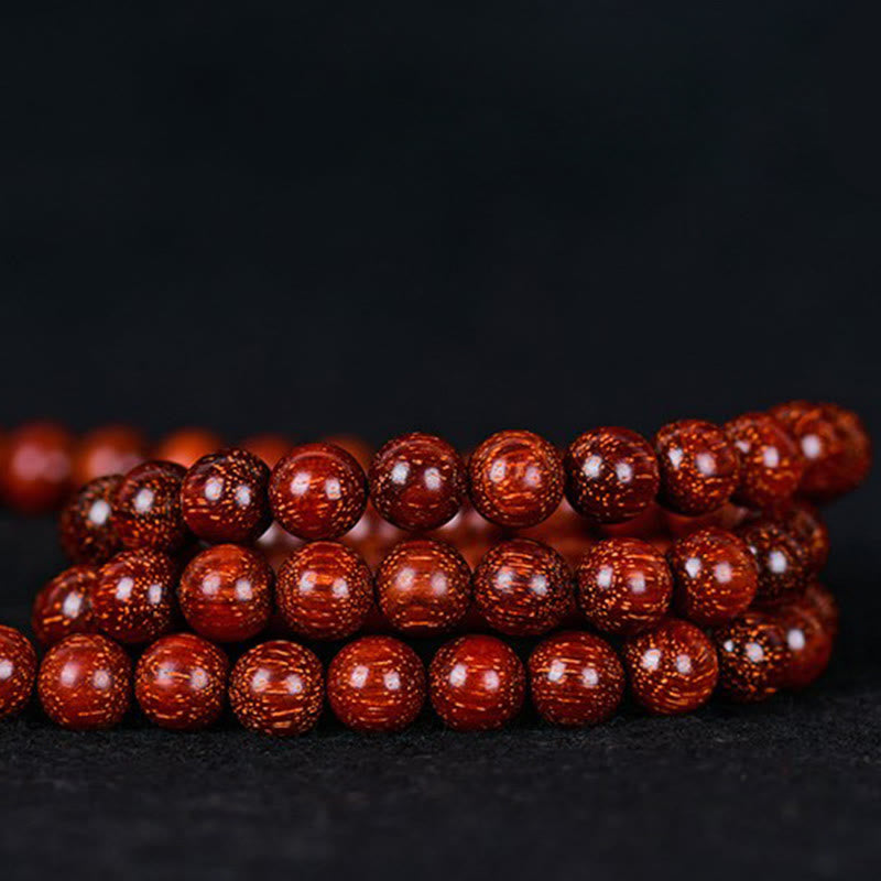 Pulsera de equilibrio de sándalo rojo con hoja pequeña tibetana de Buddha Stones - 5 mm x 108 - image 12
