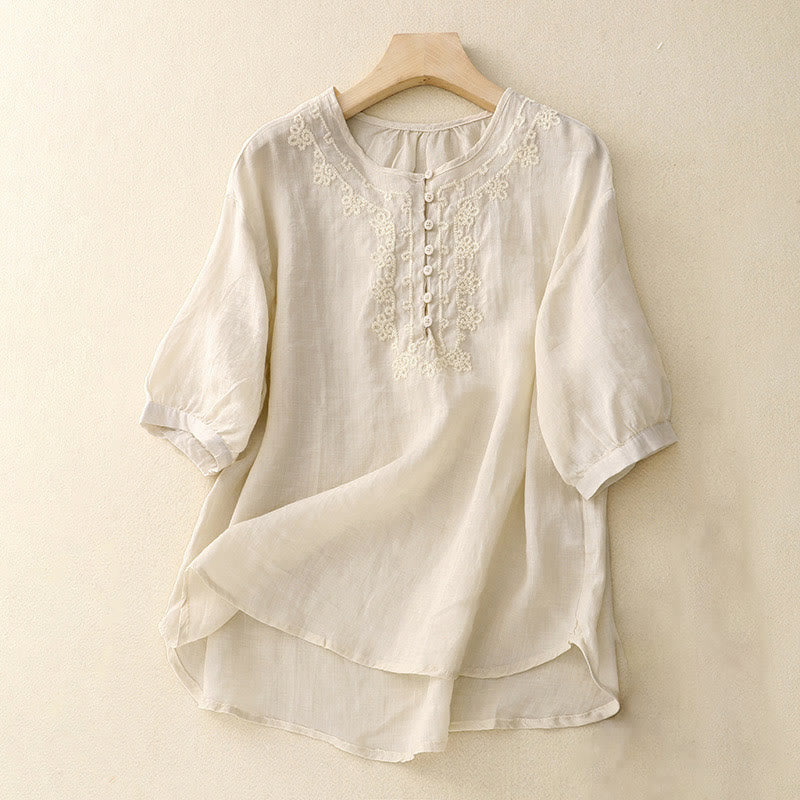 Camisa informal de media manga con diseño de hebilla de rana y diseño sencillo de Buddha Stones para mujer - Marfil - US8-10,UK/AU12-14,EU40-42 (2XL) - image 7