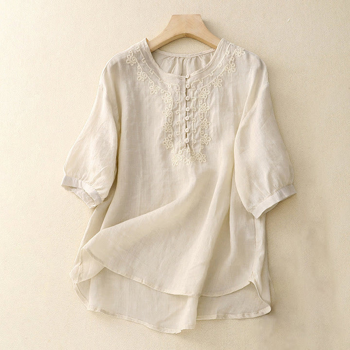 Camisa informal de media manga con diseño de hebilla de rana y diseño sencillo de Buddha Stones para mujer - Marfil - US8-10,UK/AU12-14,EU40-42 (2XL) - image 7