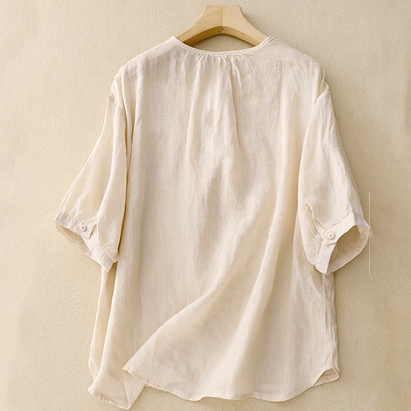 Camisa informal de media manga con diseño de hebilla de rana y diseño sencillo de Buddha Stones para mujer - image 8