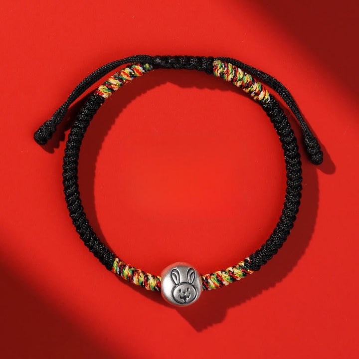 Pulsera trenzada de hilo rojo con Buddha Stones en plata de ley 999, año del caballo y zodiaco chino. - Conejo de cuerda negra - image 34