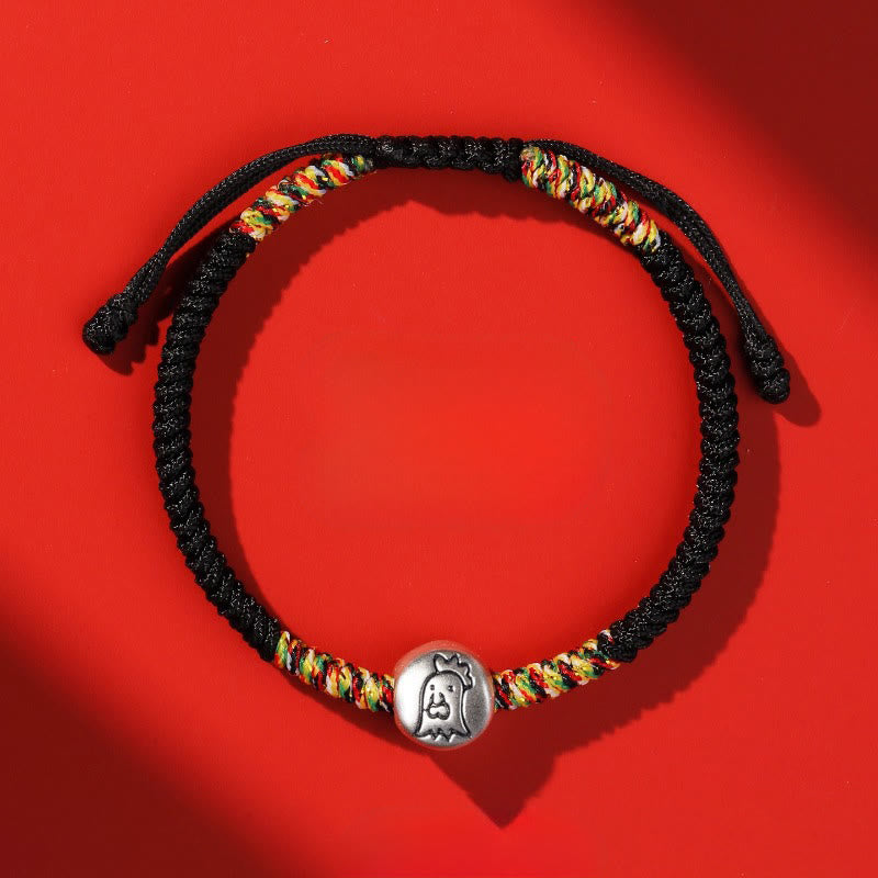 Pulsera trenzada de hilo rojo con Buddha Stones en plata de ley 999, año del caballo y zodiaco chino. - Gallo de cuerda negra - image 40