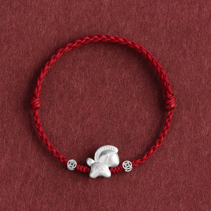 Pulsera trenzada de cuerda de la suerte con monedas de cobre y plata de ley 999 con Buddha Stones del Año del Caballo - Tobillera roja oscura (circunferencia 17-30 cm) - image 0