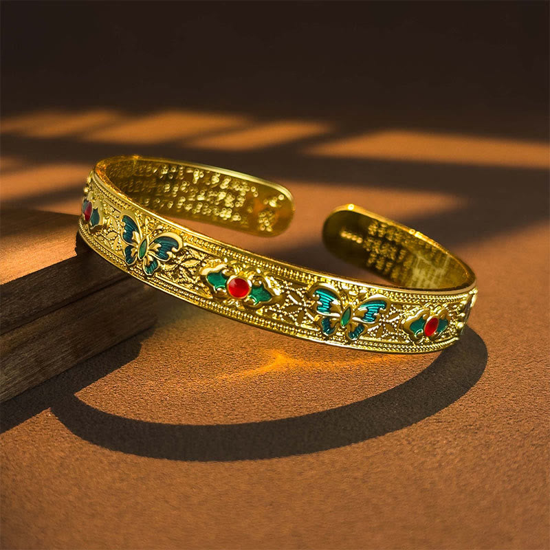 Pulsera ajustable abierta con Buddha Stones, corazón, sutra, mariposa, cobre, esmalte, curación - Dorado - image 7