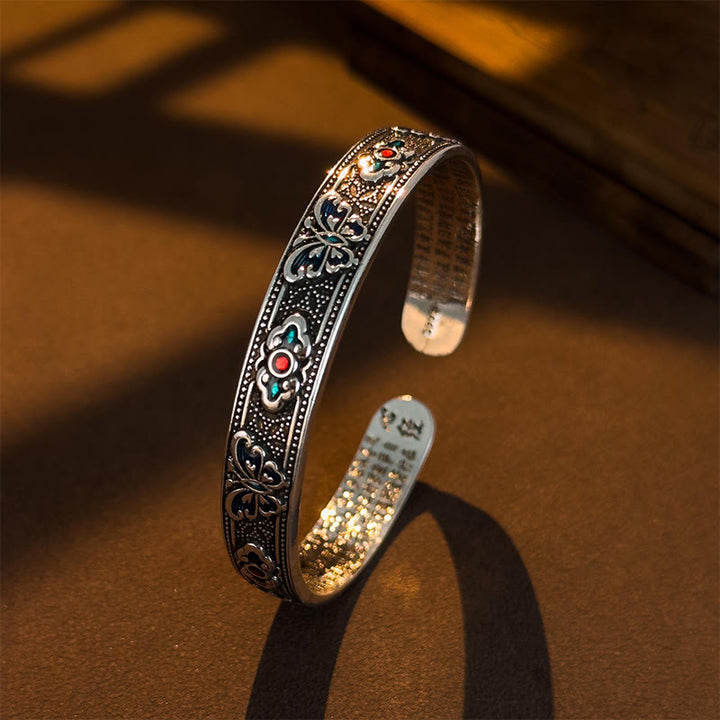 Pulsera ajustable abierta con Buddha Stones, corazón, sutra, mariposa, cobre, esmalte, curación - Antiguo - image 0