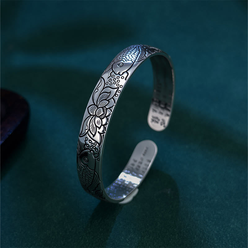 Pulsera ajustable abierta de cobre con Buddha Stones, sutra del corazón, pez koi, loto y riqueza - image 1