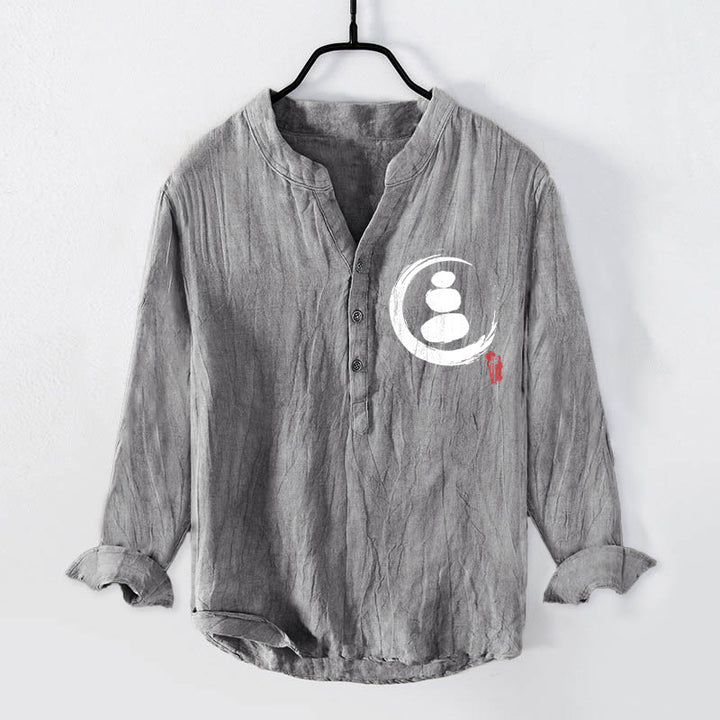 Camisa de manga larga de lino y algodón para hombre con estampado de piedras Buddha Stones y medio botón. - Gris - US/UK/AU50, UE60 (5XL) - image 0