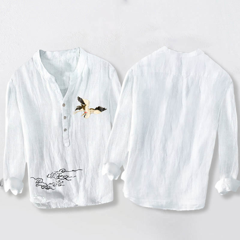 Camisa de manga larga de lino y algodón para hombre con diseño de Buddha Stones y nubes auspiciosas y medio botón. - image 8