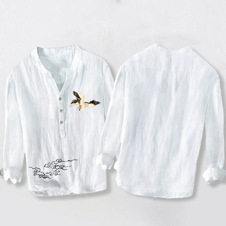 Camisa de manga larga de lino y algodón para hombre con diseño de Buddha Stones y nubes auspiciosas y medio botón. - image 8