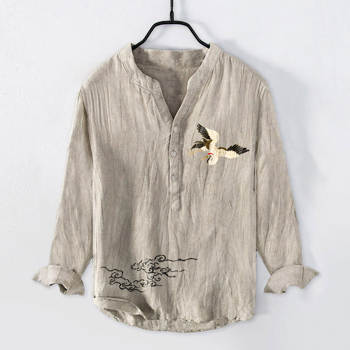 Camisa de manga larga de lino y algodón para hombre con diseño de Buddha Stones y nubes auspiciosas y medio botón. - Lino - US/UK/AU50, UE60 (5XL) - image 3