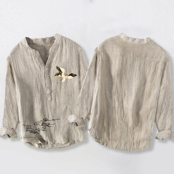 Camisa de manga larga de lino y algodón para hombre con diseño de Buddha Stones y nubes auspiciosas y medio botón. - image 5