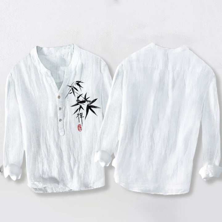 Camisa de manga larga de lino y algodón para hombre con estampado de Buddha Stones, bambú y personajes zen, con botones y medio cuerpo. - image 8