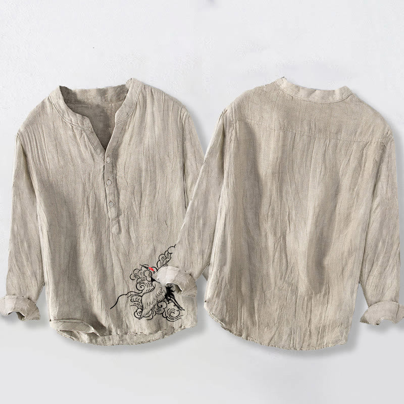 Camisa de manga larga de lino y algodón para hombre con diseño de grulla de corona roja, nubes y Buddha Stones , con botones a la izquierda - image 2