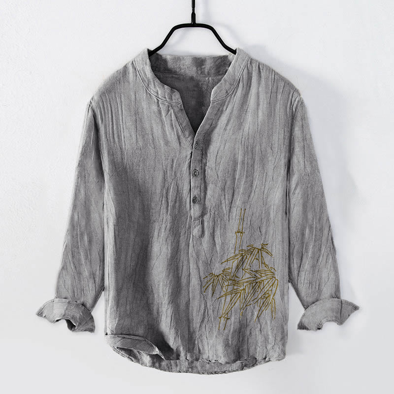 Camisa de manga larga de lino y algodón para hombre con estampado de hojas de bambú y Buddha Stones , con botones y botones. - Gris - US/UK/AU50, UE60 (5XL) - image 3