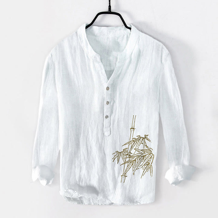 Camisa de manga larga de lino y algodón para hombre con estampado de hojas de bambú y Buddha Stones , con botones y botones. - Blanco - US/UK/AU50, UE60 (5XL) - image 0