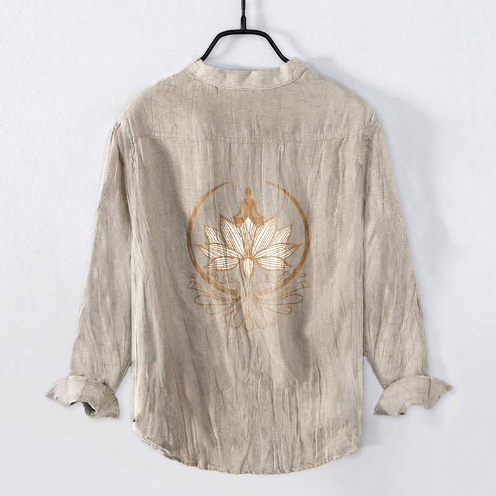 Camisa de manga larga de algodón y lino para hombre con diseño de loto y Buddha Stones en meditación, con botones y medio botón. - image 5