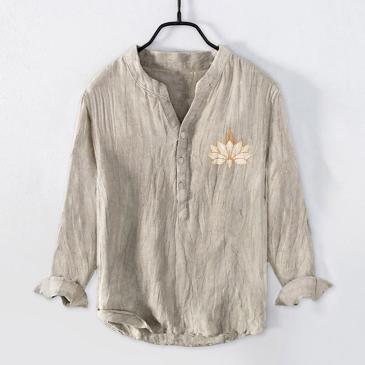 Camisa de manga larga de algodón y lino para hombre con diseño de loto y Buddha Stones en meditación, con botones y medio botón. - image 4