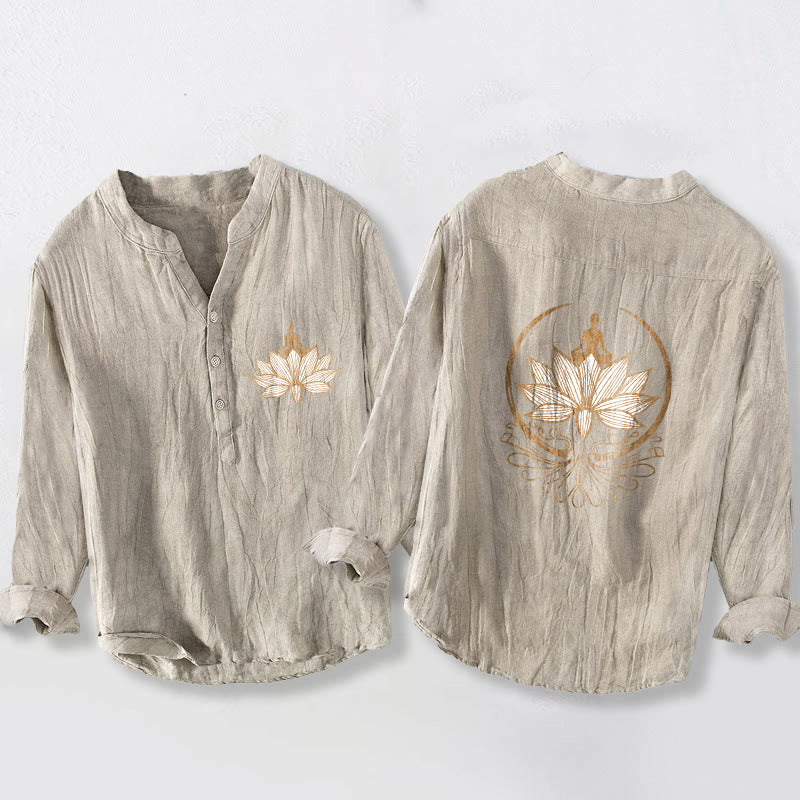 Camisa de manga larga de algodón y lino para hombre con diseño de loto y Buddha Stones en meditación, con botones y medio botón. - Lino - US/UK/AU50, UE60 (5XL) - image 3