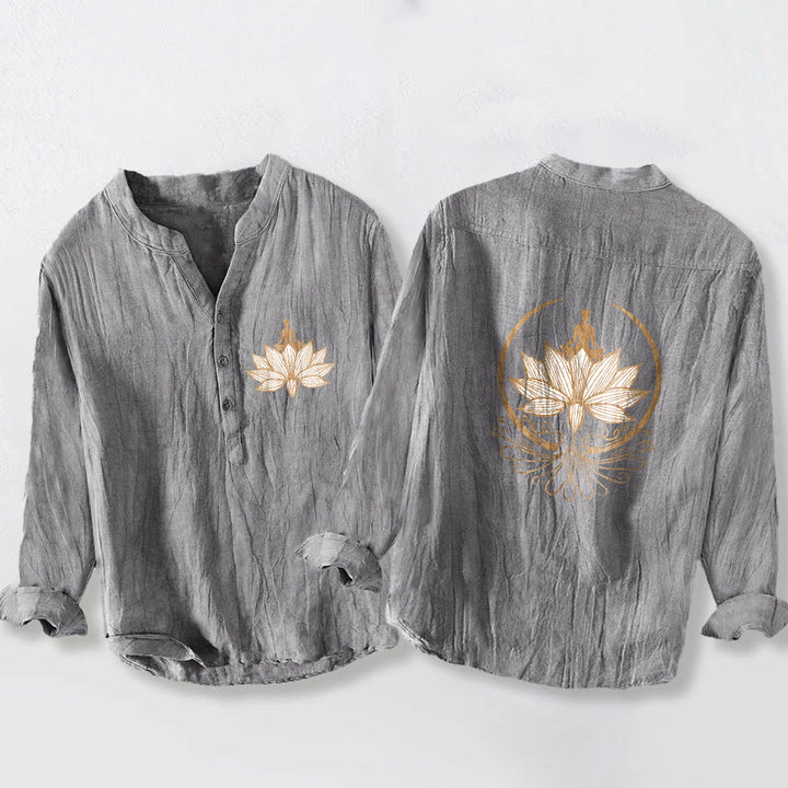 Camisa de manga larga de algodón y lino para hombre con diseño de loto y Buddha Stones en meditación, con botones y medio botón. - Gris - US/UK/AU50, UE60 (5XL) - image 0