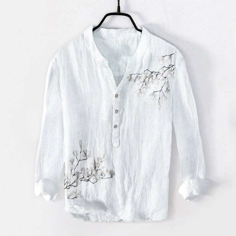 Camisa de manga larga de lino y algodón para hombre con estampado de ramas de magnolia y piedras de Buddha Stones . - Blanco - US/UK/AU50, UE60 (5XL) - image 6