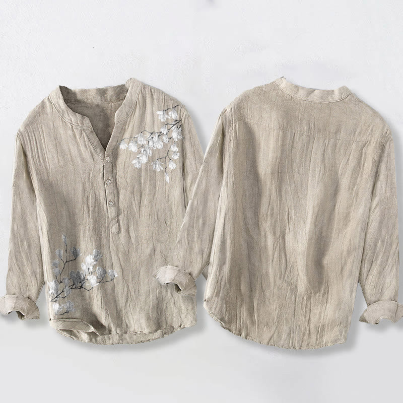 Camisa de manga larga de lino y algodón para hombre con estampado de ramas de magnolia y piedras de Buddha Stones . - image 5