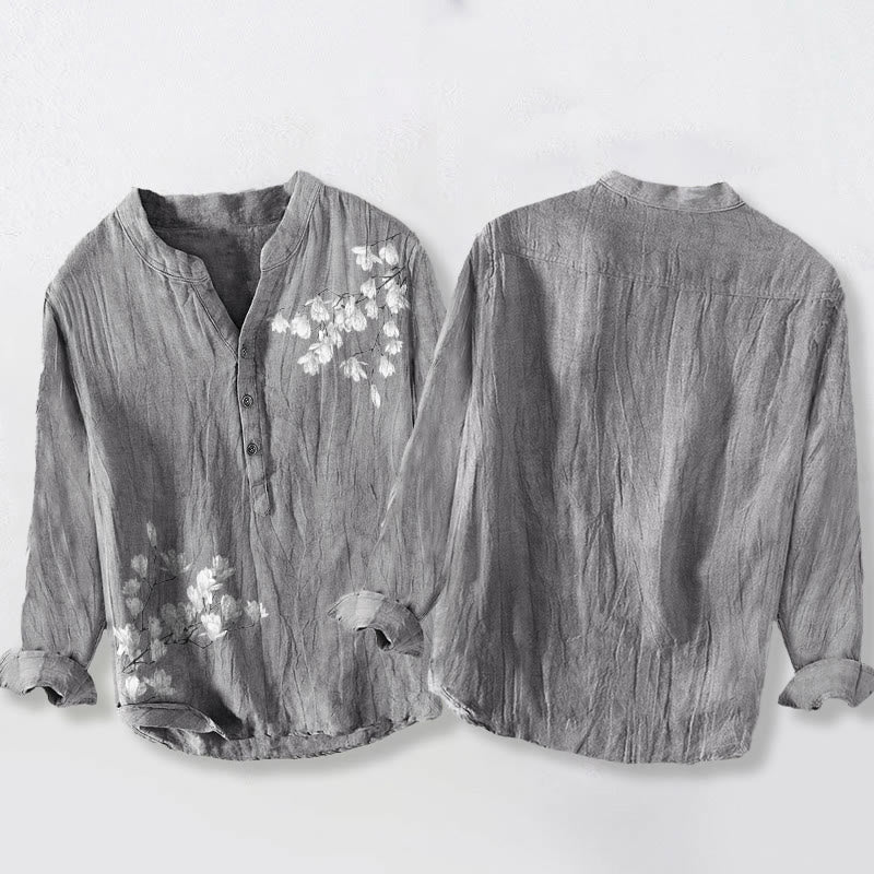 Camisa de manga larga de lino y algodón para hombre con estampado de ramas de magnolia y piedras de Buddha Stones . - image 2