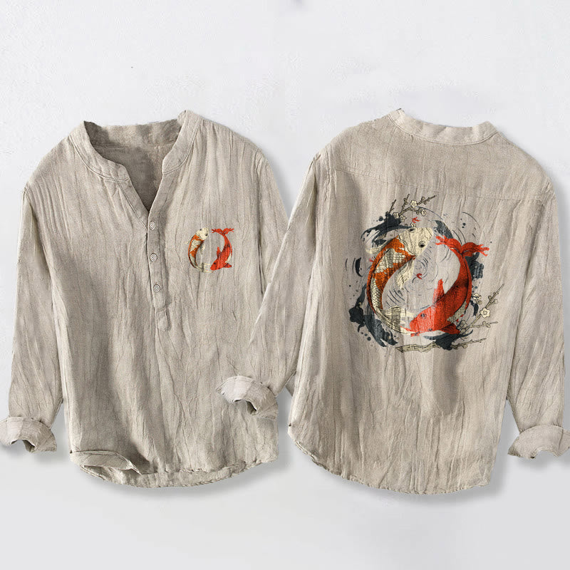 Camisa de manga larga de lino y algodón para hombre con diseño de pez koi, Yin Yang, rojo y blanco, con botones y Buddha Stones - Lino - US/UK/AU50, UE60 (5XL) - image 0