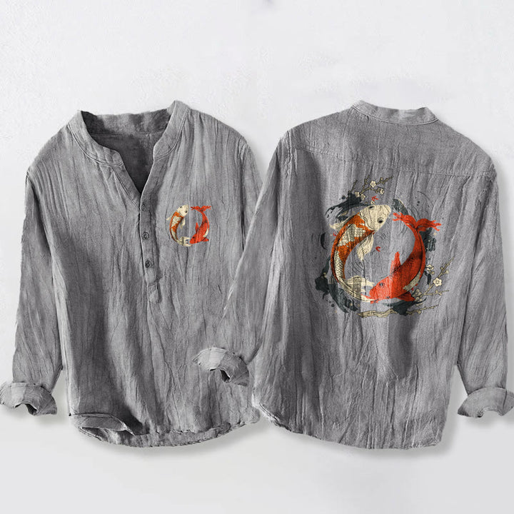 Camisa de manga larga de lino y algodón para hombre con diseño de pez koi, Yin Yang, rojo y blanco, con botones y Buddha Stones - Gris - US/UK/AU50, UE60 (5XL) - image 3