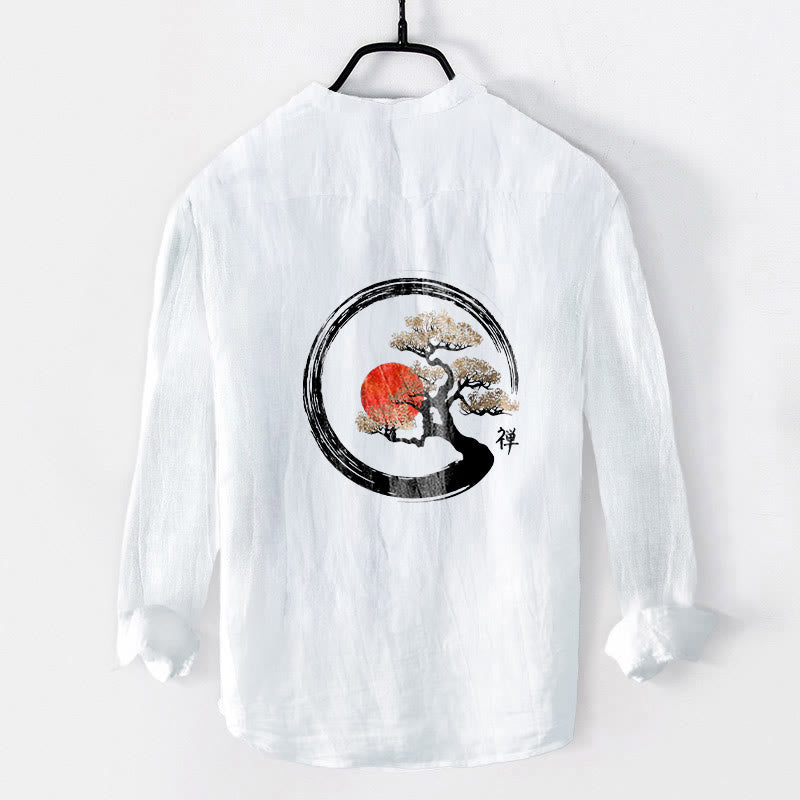 Camisa de manga larga de algodón y lino para hombre, con diseño de Buddha Stones, zen, pino, sol y botones, con estampado de media botonadura - image 8