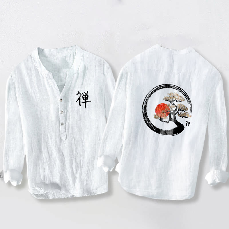 Camisa de manga larga de algodón y lino para hombre, con diseño de Buddha Stones, zen, pino, sol y botones, con estampado de media botonadura - Blanco - US/UK/AU50, UE60 (5XL) - image 6