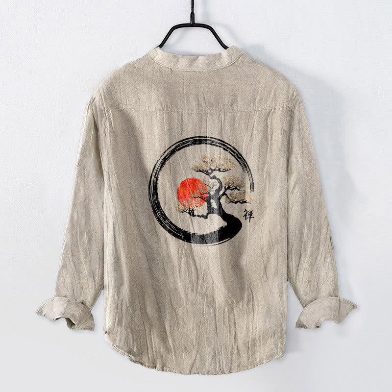 Camisa de manga larga de algodón y lino para hombre, con diseño de Buddha Stones, zen, pino, sol y botones, con estampado de media botonadura - image 5