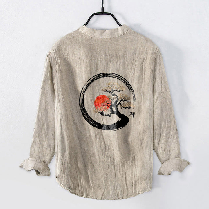 Camisa de manga larga de algodón y lino para hombre, con diseño de Buddha Stones, zen, pino, sol y botones, con estampado de media botonadura - image 5