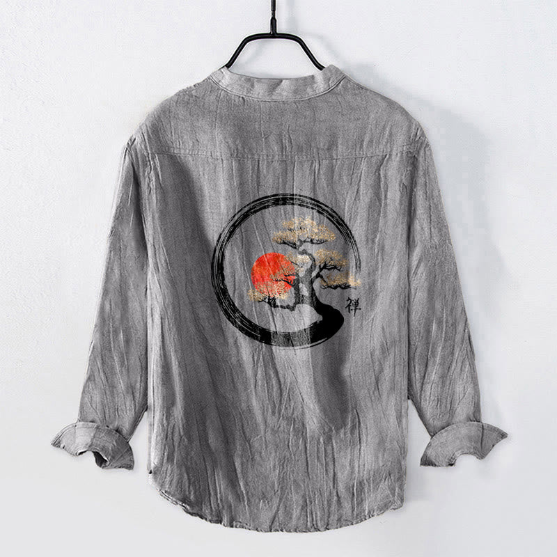 Camisa de manga larga de algodón y lino para hombre, con diseño de Buddha Stones, zen, pino, sol y botones, con estampado de media botonadura - image 2