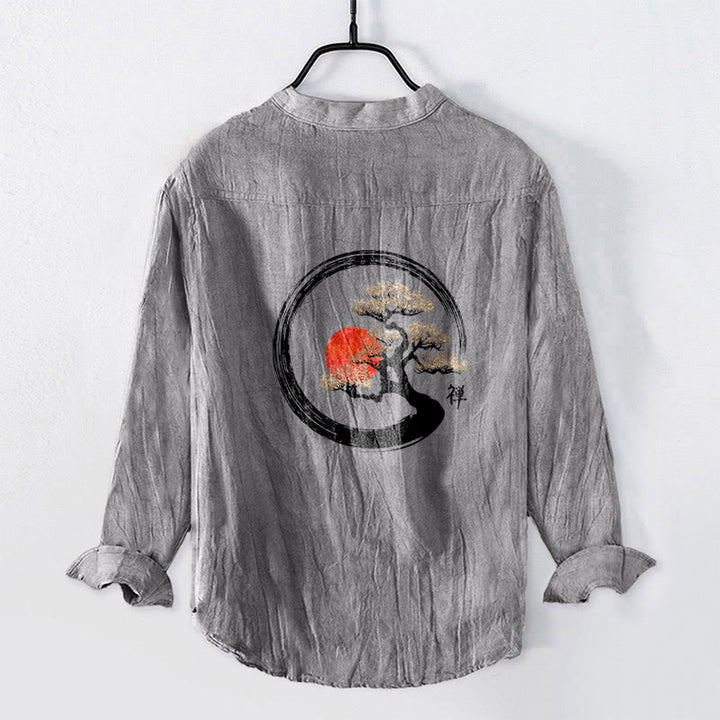 Camisa de manga larga de algodón y lino para hombre, con diseño de Buddha Stones, zen, pino, sol y botones, con estampado de media botonadura - image 2