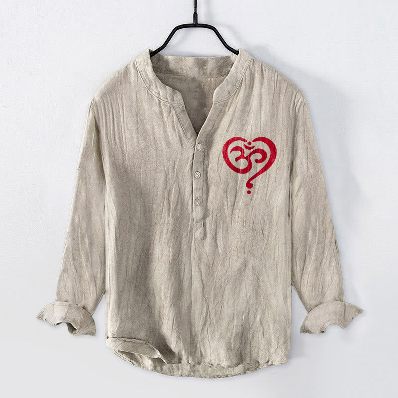 Camisa de manga larga de lino y algodón para hombre con diseño de corazón de Buddha Stones y símbolo OM, con botones y medio cuello. - Lino - US/UK/AU50, UE60 (5XL) - image 0
