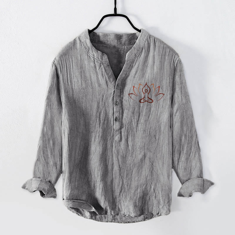 Camisa de manga larga de lino y algodón para hombre con diseño de Buddha Stones, figura de loto meditando y botones. - Gris - US/UK/AU50, UE60 (5XL) - image 3