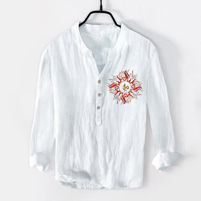 Camisa de manga larga de algodón y lino para hombre con diseño de símbolo OM en forma de sol y Buddha Stones , con botones y medio cuello - Blanco - US/UK/AU50, UE60 (5XL) - image 6