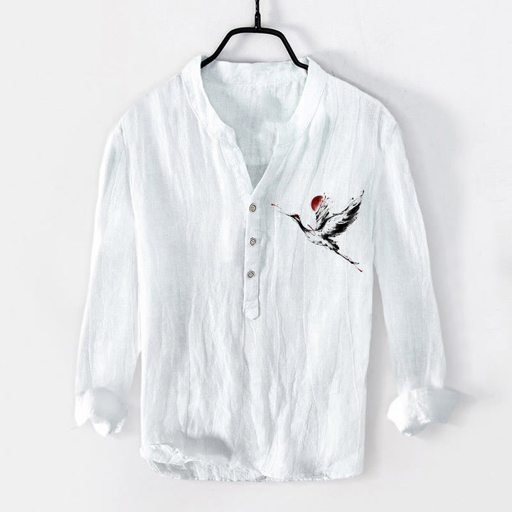 Camisa de manga larga de algodón y lino para hombre con diseño de Buddha Stones, grulla voladora y sol, con botones y medio cuello - Blanco - US/UK/AU50, UE60 (5XL) - image 6